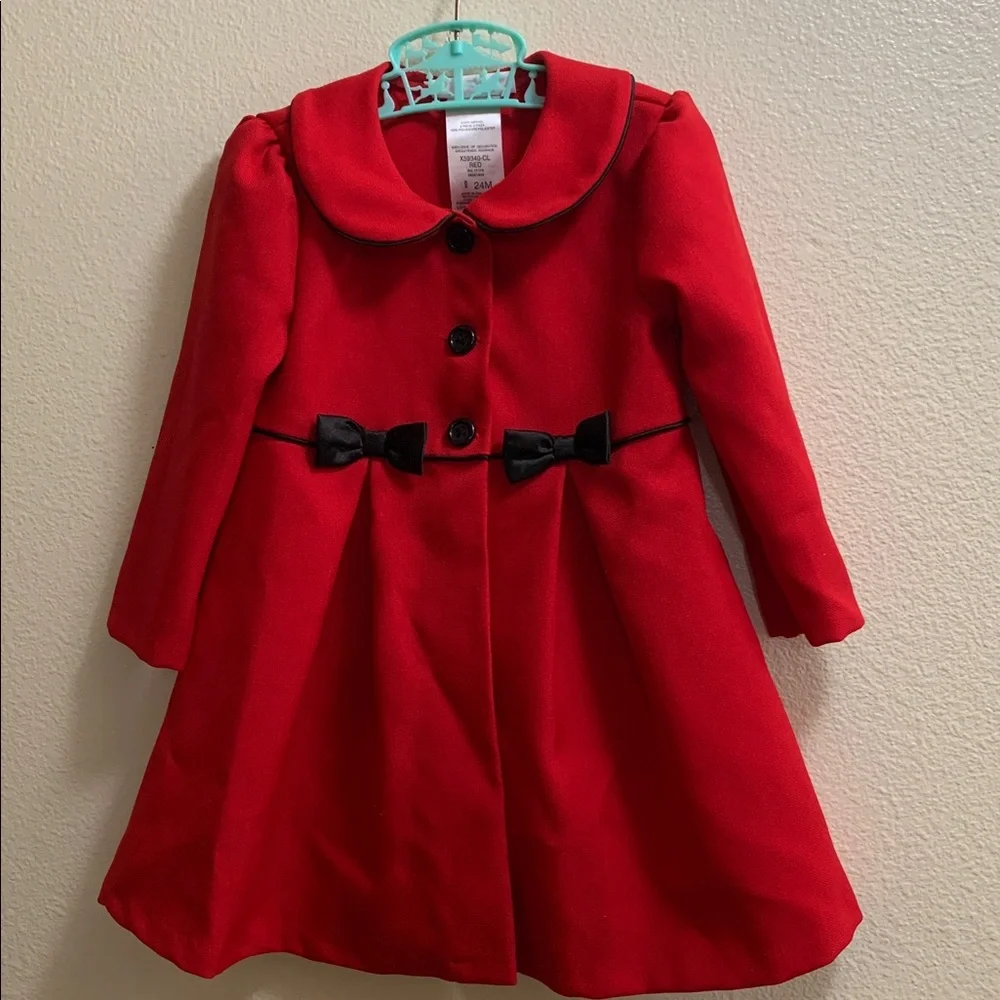 Bonnie Baby Red Valentine’s Day Pea Coat Size 24 Months Black Bows Christmas